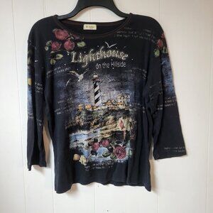 Cactus Lighthouse on The Hillside Size XL Women's Rhinestone Top
